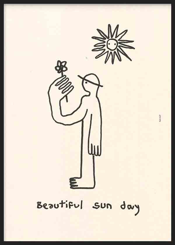 Tableau avec figure humaine au trait noir, petite fleur à la main, soleil souriant, fond crème et style illustration minimaliste en noir et écru. Disponible sur kudeko.com