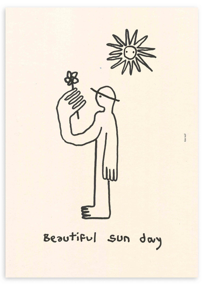 Quadro com figura humana em linhas pretas, pequena flor na mão, sol sorridente, fundo creme e estilo de ilustração minimalista em preto e branco cru. Disponível em kudeko.com