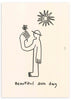 Cuadro con figura humana de líneas negras, pequeña flor en la mano, sol sonriente y fondo crema, de estilo ilustración. Disponible en kudeko.com