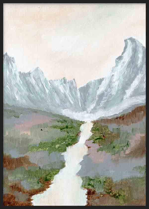 Quadro emoldurado de montanhas nevadas com rio central, vale aberto, tons de azul acinzentado, verde musgo, bege e castanho, estilo natureza e paisagens. Disponível em kudeko.com