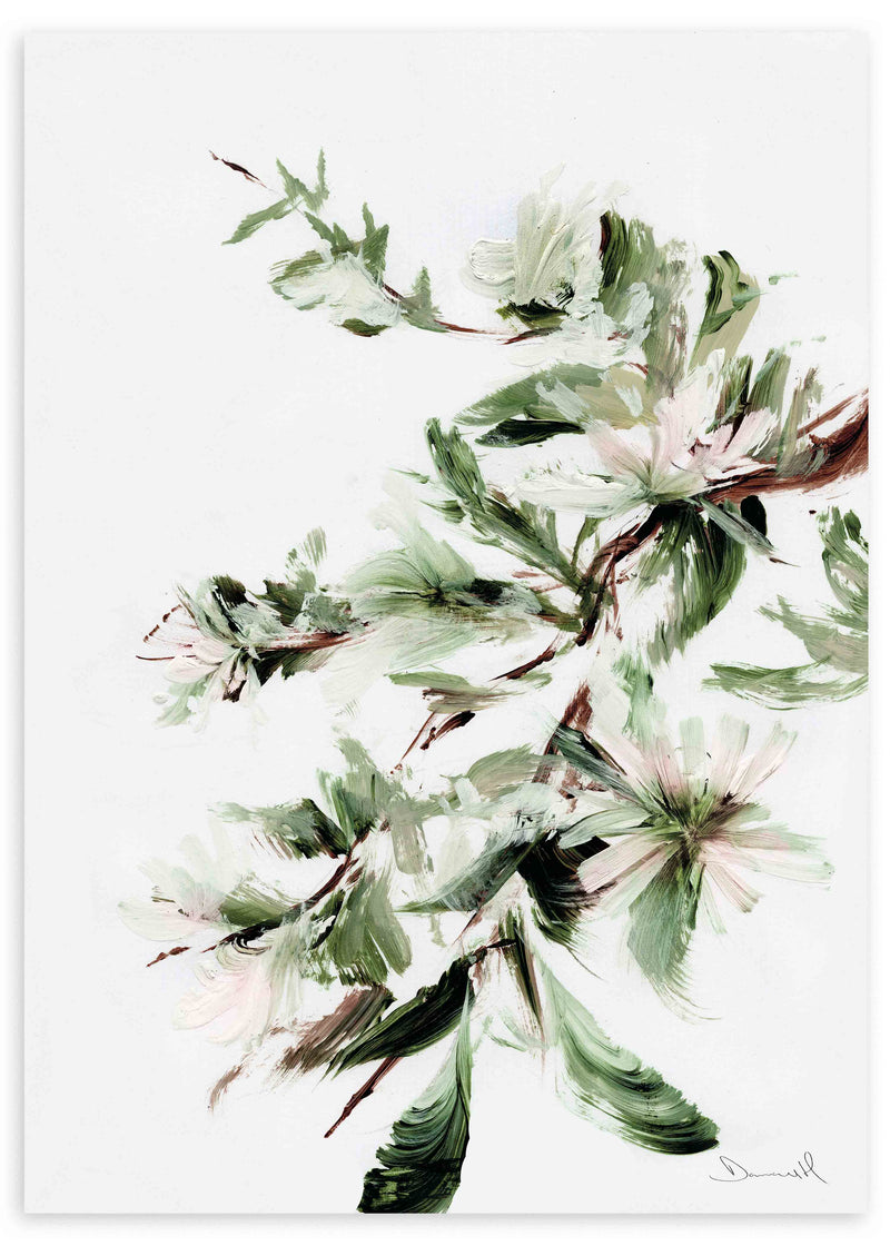Cuadro de flores abiertas y ramas delicadas en tonos verde salvia, blanco suave, negro y marrón rojizo, con estilo floral y composición ligera. Disponible en kudeko.com