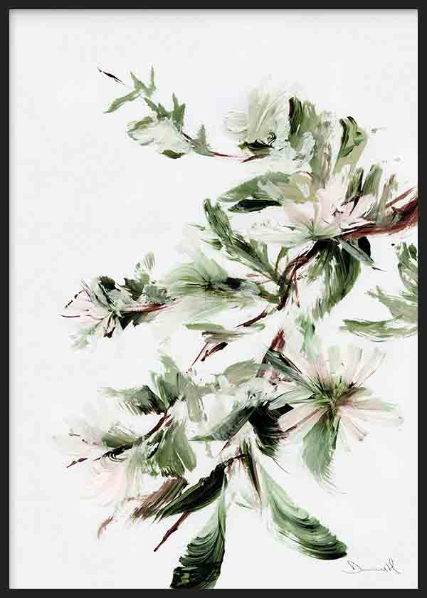 Wandbild mit offenen Blüten und feinen Zweigen in Salbeigrün, Offwhite, sanftem Schwarz und rötlich braunen Akzenten, floraler Stil mit leichter Komposition auf hellem Grund. Erhältlich auf kudeko.com