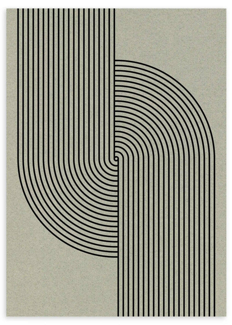 Tableau géométrique avec lignes noires courbes et droites sur fond beige texturé, dans un style moderne et épuré pour une décoration murale contemporaine. Disponible sur kudeko.com