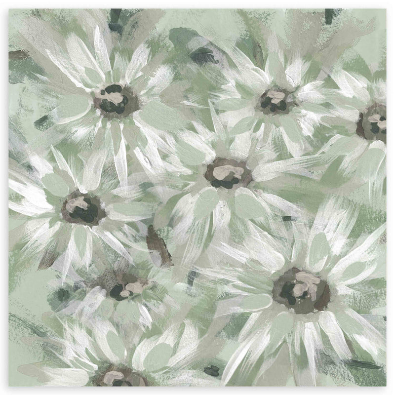 Tableau carré avec grandes marguerites blanches sur fond vert olive et gris clair, cœurs foncés et composition florale douce de style naturel. Disponible sur kudeko.com