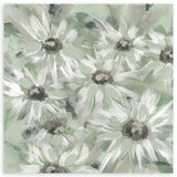 Tableau carré avec grandes marguerites blanches sur fond vert olive et gris clair, cœurs foncés et composition florale douce de style naturel. Disponible sur kudeko.com
