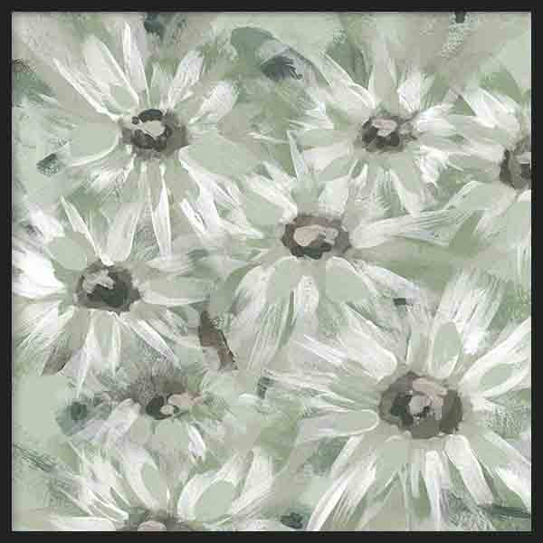 Quadratisches Wandbild mit großen weißen Margeriten auf olivgrünem und hellgrauem Hintergrund, dunklen Blütenmitten und sanfter floraler Gestaltung im Naturstil. Erhältlich auf kudeko.com