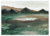 Horizontales Wandbild einer offenen Wiese mit dunklen Sträuchern, Hügeln in Erdtönen, hellem Himmel, graugrünen Nuancen und ruhigem Natur- und Landschaftsstil. Erhältlich auf kudeko.com