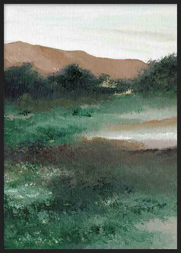Quadro emoldurado de paisagem com prado verde, árvores escuras, colinas bege, céu claro e estilo natural em tons suaves e equilibrados. Disponível em kudeko.com