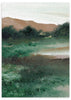 Cuadro de paisaje con pradera verde, árboles oscuros, colinas beige y cielo claro, en estilo naturaleza y paisajes. Disponible en kudeko.com