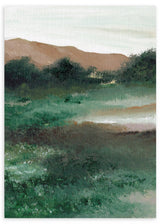 Cuadro de paisaje con pradera verde, árboles oscuros, colinas beige y cielo claro, en estilo naturaleza y paisajes. Disponible en kudeko.com