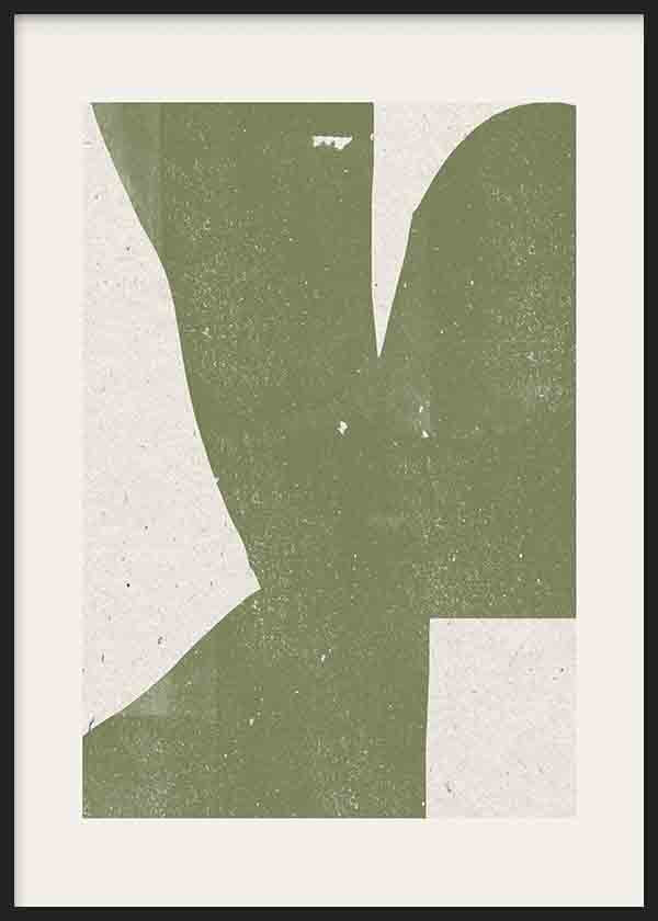 Quadro emoldurado com formas abstratas orgânicas em verde sálvia sobre fundo bege claro, composição serena de estilo abstrato contemporâneo e linhas amplas. Disponível em kudeko.com
