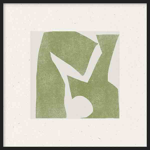 Tableau carré avec formes géométriques abstraites vert sauge sur fond beige clair, composition équilibrée au style géométrique moderne et épuré. Disponible sur kudeko.com