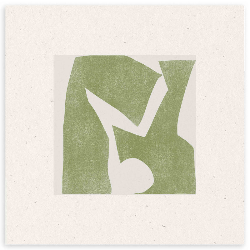 Tableau carré avec formes géométriques abstraites vert sauge sur fond beige clair, composition équilibrée au style géométrique moderne et épuré. Disponible sur kudeko.com