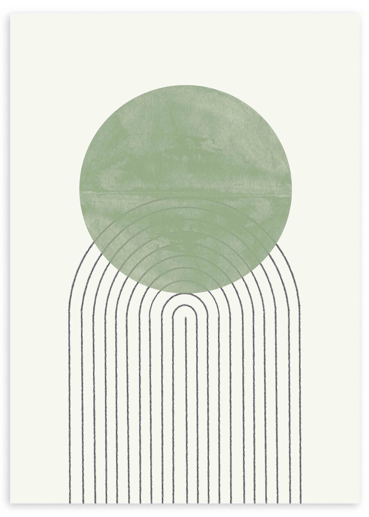 Cuadro con gran círculo verde salvia, líneas negras arqueadas, fondo blanco y composición limpia de estilo geométrico. Disponible en kudeko.com