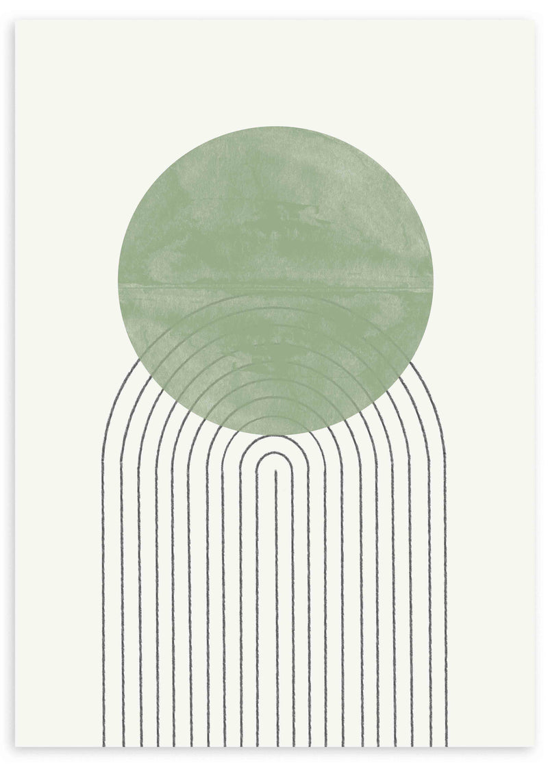 Cuadro con gran círculo verde salvia, líneas negras arqueadas, fondo blanco y composición limpia de estilo geométrico. Disponible en kudeko.com