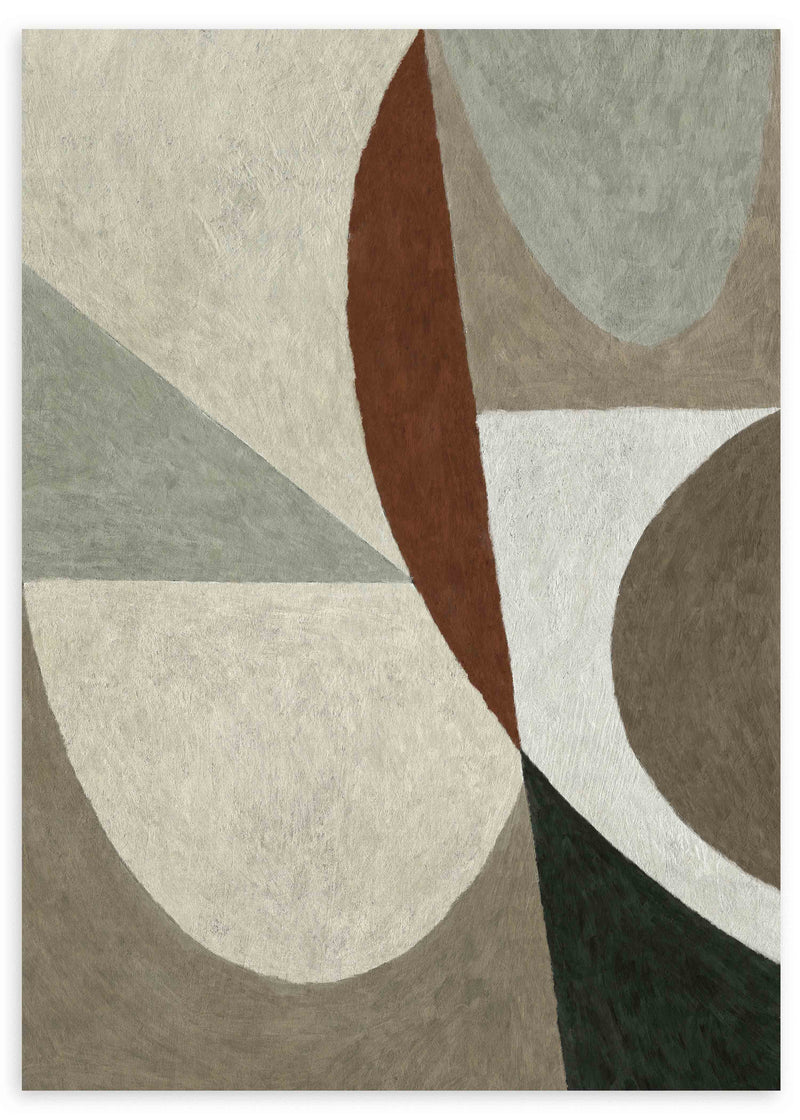 Tableau abstrait avec formes géométriques courbes en beige, gris, blanc cassé, brun et noir, dans un style abstrait contemporain pour décoration murale. Disponible sur kudeko.com