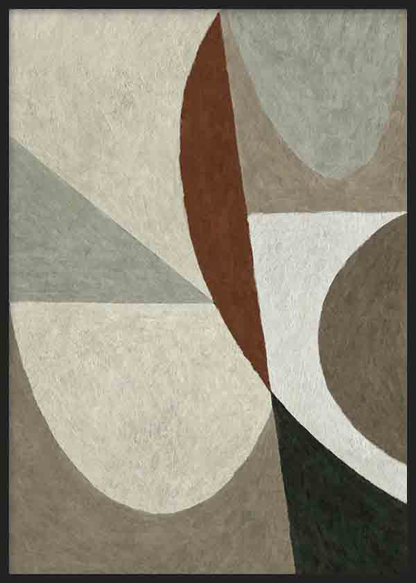 Abstraktes Wandbild mit geschwungenen geometrischen Formen in Beige, Grau, Off-White, Braun und Schwarz, im zeitgenössischen abstrakten Stil für stilvolle Wandgestaltung. Erhältlich auf kudeko.com