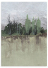 Wandbild mit nebliger Landschaft, verschwommenen Bäumen am Wasser, in Blaugrau, sanftem Grün, Beige und Schwarz, im Natur- und Landschaftsstil gerahmt. Erhältlich auf kudeko.com