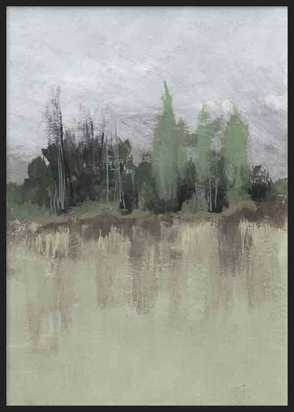 Tableau avec paysage brumeux, arbres estompés au bord de l’eau, tons bleu gris, vert doux, beige et noir, style nature et paysage encadré. Disponible sur kudeko.com