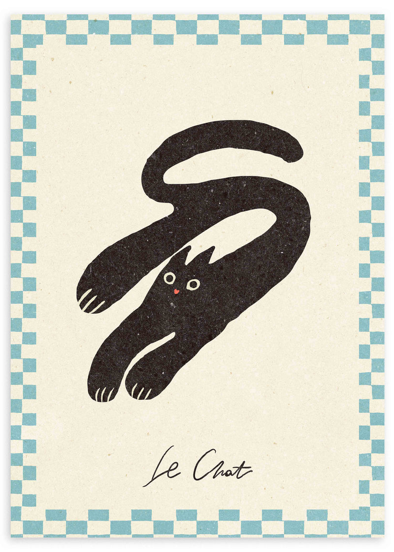 Tableau avec chat noir stylisé sur fond crème, bordure à damier bleu clair, détails du visage blancs et roses, style vintage et format décoratif encadré. Disponible sur kudeko.com