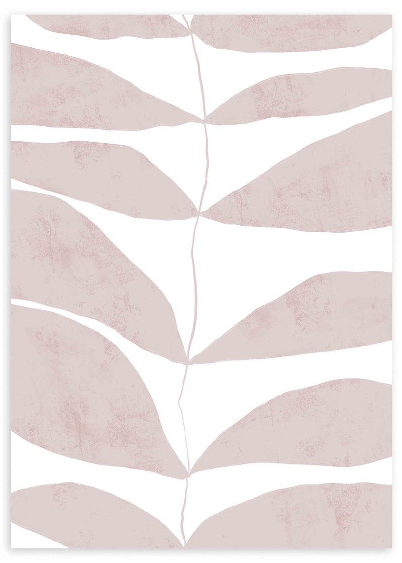 Tableau encadré avec grande feuille stylisée en segments organiques beige rosé sur fond blanc, composition épurée, palette douce et style minimaliste nordique. Disponible sur kudeko.com