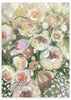 Quadro com ramo floral de rosas e peónias em tons de creme, rosa envelhecido, branco e verde suave, sobre fundo cinzento-claro, de estilo floral delicado. Disponível em kudeko.com