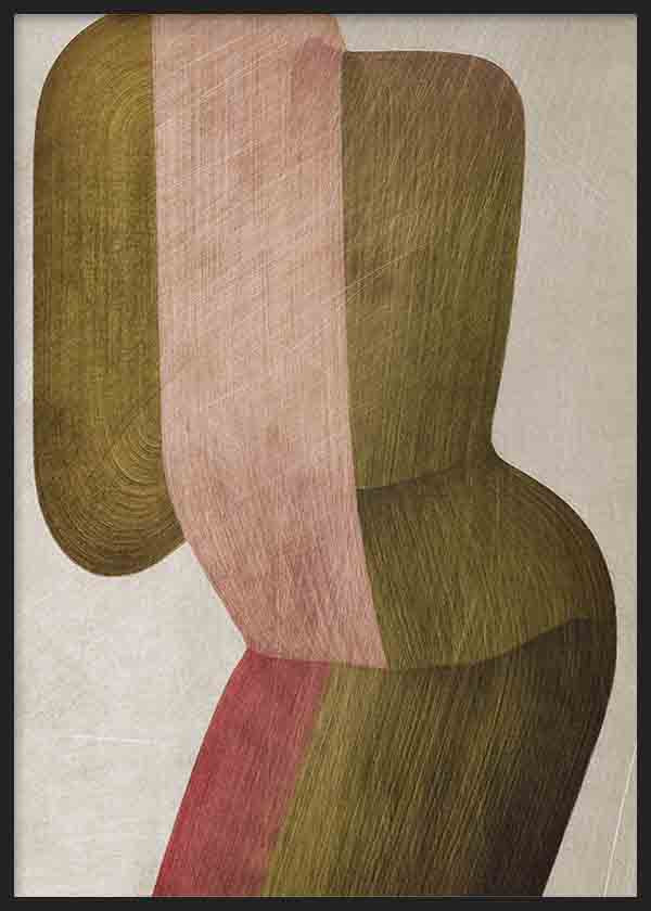 Quadro com formas abstratas orgânicas sobrepostas em verde oliva, rosa envelhecido, bordô e castanho sobre fundo bege claro, com estilo contemporâneo e abstrato. Disponível em kudeko.com