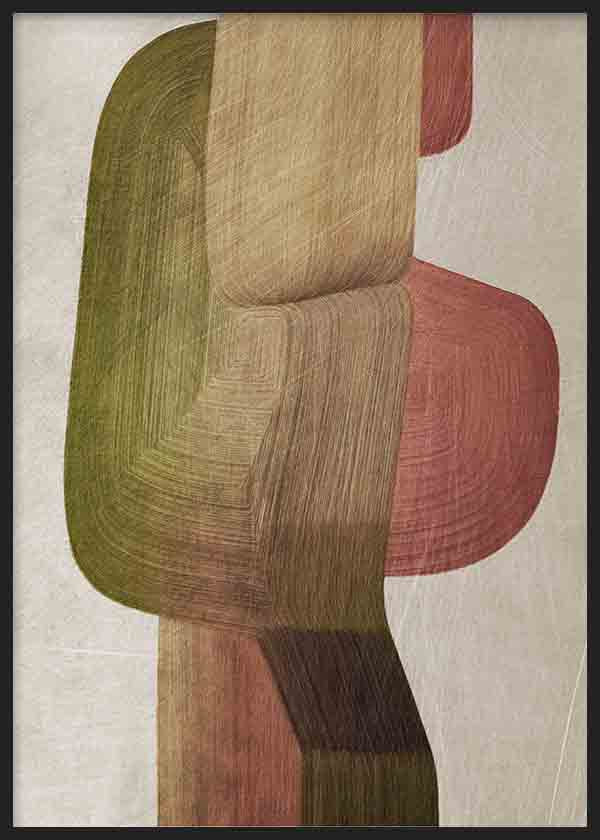 Quadro com composição abstrata de formas curvas sobrepostas em verde azeitona, bege, castanho e rosa empoeirado, sobre fundo claro, com estilo abstrato e orgânico. Disponível em kudeko.com