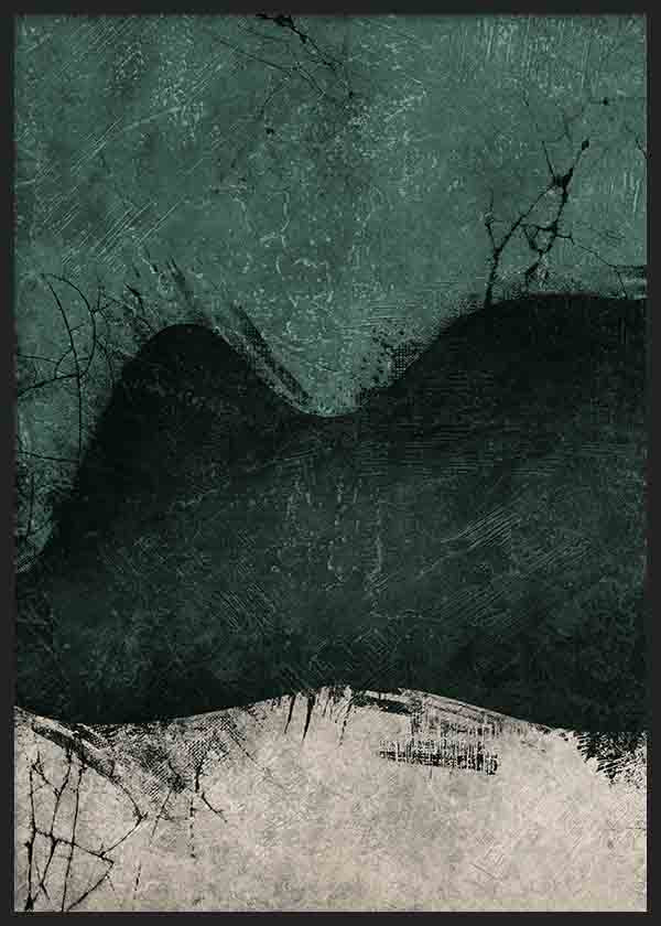 Cuadro con composición abstracta en verde esmeralda oscuro, negro intenso y blanco roto, con formas orgánicas y textura desgastada, de estilo abstracto. Disponible en kudeko.com