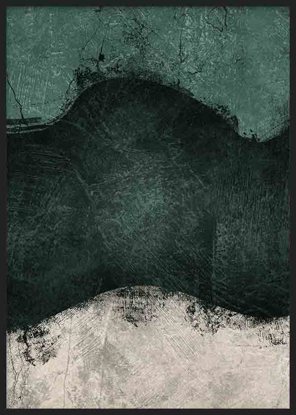 Cuadro con composición abstracta de forma orgánica en verde esmeralda oscuro, fondo gris verdoso texturizado y base beige clara, de estilo abstracto. Disponible en kudeko.com