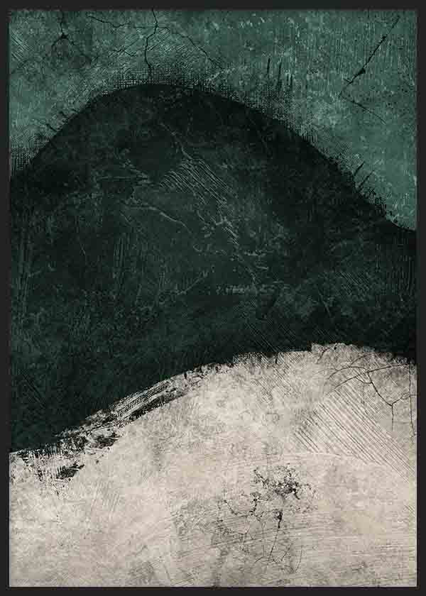 Quadro com formas abstratas curvas em verde esmeralda escuro, preto profundo, branco partido, textura envelhecida e estilo abstrato contemporâneo para decoração de parede. Disponível em kudeko.com