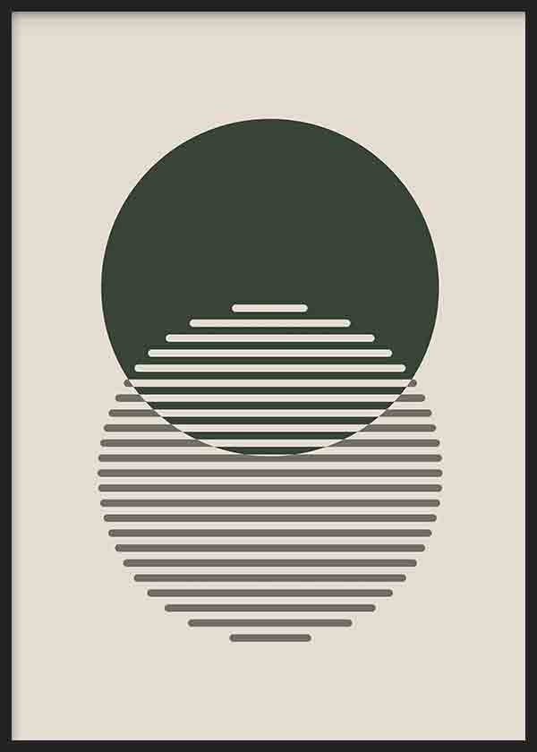 Tableau avec deux cercles superposés vert foncé et gris taupe sur fond beige, dans un style géométrique minimaliste aux lignes épurées et équilibrées. Disponible sur kudeko.com
