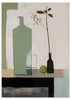 Tableau de nature morte minimaliste avec bouteilles élancées, verre transparent, branche aux feuilles sombres, petits fruits rouges et tons vert sauge, beige, noir et gris, dans un style épuré et équilibré. Disponible sur kudeko.com