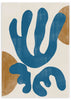 Cuadro con composición botánica abstracta de formas orgánicas azul petróleo, fondo crema y acentos ocres, de estilo abstracto. Disponible en kudeko.com