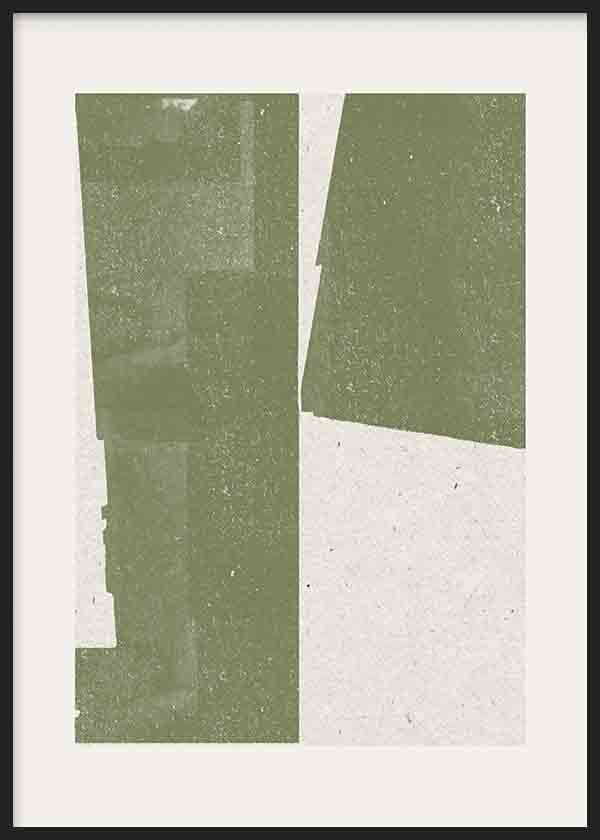 Quadro emoldurado com composição geométrica de blocos rectangulares em verde sálvia sobre fundo bege claro, com estilo equilibrado, suave e contemporâneo. Disponível em kudeko.com