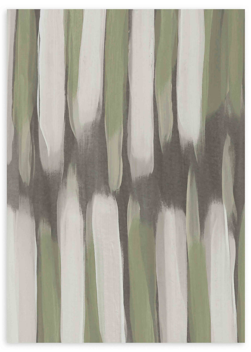 Cuadro de franjas difuminadas en verde oliva, gris topo, blanco roto y negro suave, con composición abstracta serena y moderna. Disponible en kudeko.com