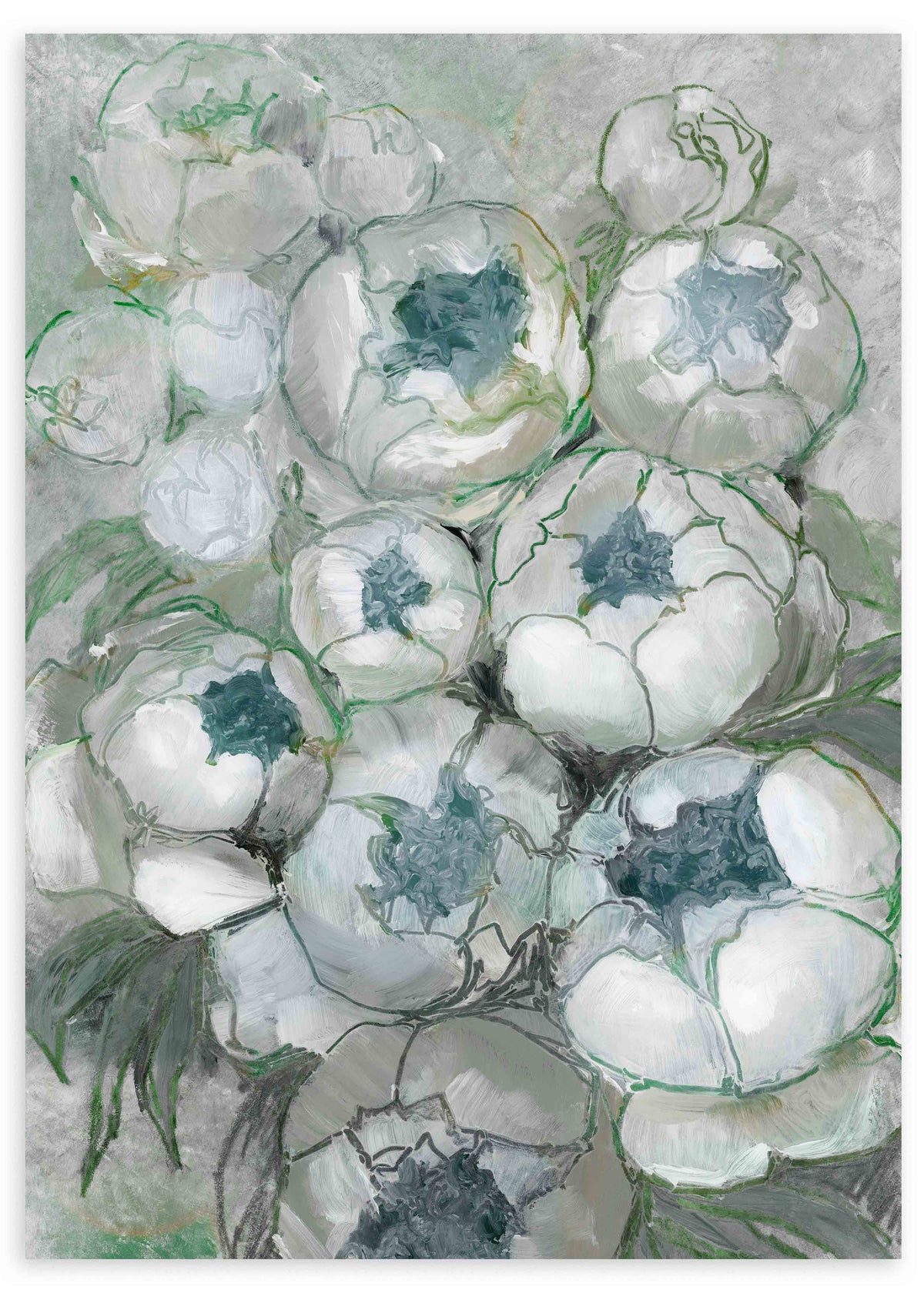 Cuadro de peonías blancas y grises con centros azul verdoso, hojas verde suave y composición floral delicada de estilo floral. Disponible en kudeko.com