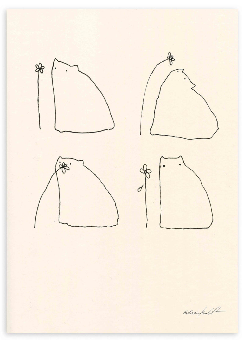 Tableau encadré avec quatre chats en fines lignes noires, petites fleurs, fond crème clair et style minimaliste aux tons neutres. Disponible sur kudeko.com