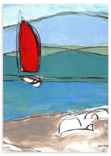 Cuadro de velero con vela roja sobre agua azul, colinas verdes suaves, orilla arena y estilo ilustración contemporánea. Disponible en kudeko.com