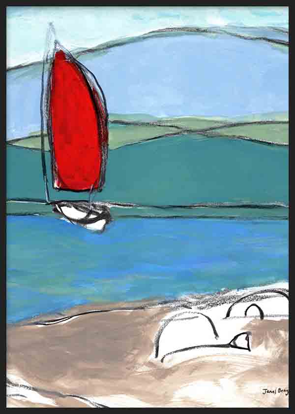 Gerahmtes Wandbild mit rotem Segelboot auf blauem Wasser, sanften grünen Hügeln, sandfarbenem Ufer und zeitgenössischem Illustrationsstil mit klaren Konturen. Erhältlich auf kudeko.com