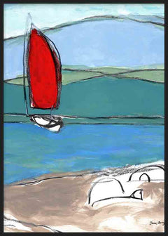Gerahmtes Wandbild mit rotem Segelboot auf blauem Wasser, sanften grünen Hügeln, sandfarbenem Ufer und zeitgenössischem Illustrationsstil mit klaren Konturen. Erhältlich auf kudeko.com
