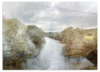 Horizontales Wandbild mit Flusslandschaft zwischen verschwommenen Bäumen und sanften Hügeln in Beige, Braun, Grau und Weiß, im Natur- und Landschaftsstil gestaltet. Erhältlich auf kudeko.com