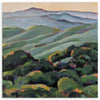 Tableau carré avec collines vertes ondulées, montagnes bleu gris au fond, végétation sombre au premier plan et style nature et paysage équilibré. Disponible sur kudeko.com