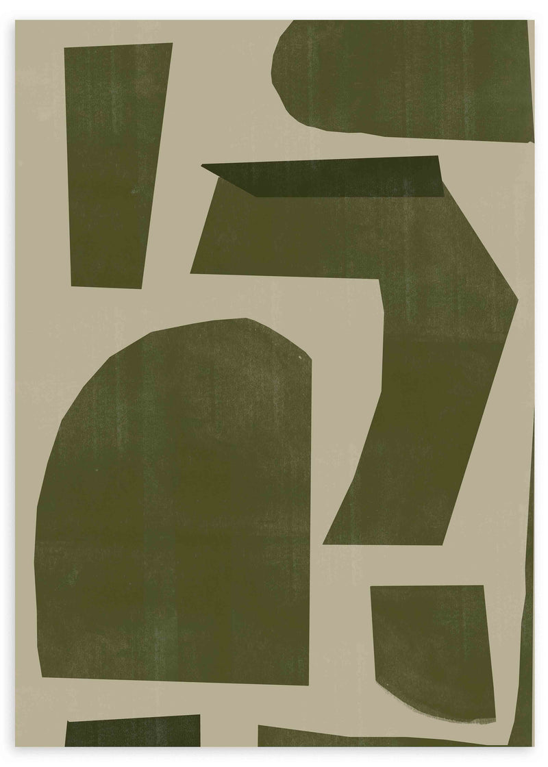 Cuadro de formas geométricas irregulares en verde oliva sobre fondo beige, con composición abstracta equilibrada y estética contemporánea serena. Disponible en kudeko.com