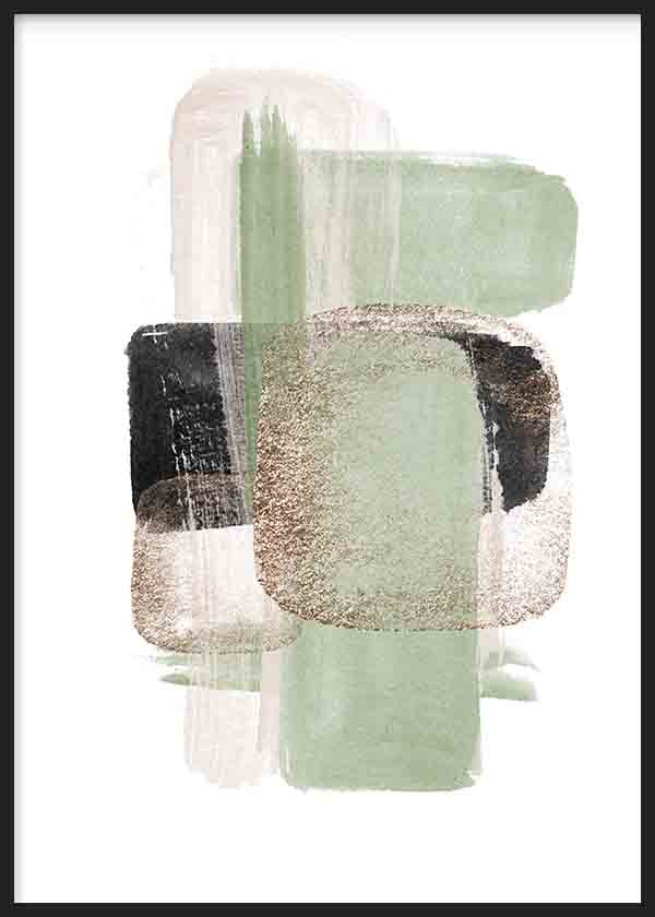 Cuadro con composición abstracta de formas orgánicas superpuestas en verde salvia, beige, negro y blanco roto, con estética suave y equilibrada de estilo abstracto. Disponible en kudeko.com