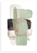 Wandbild mit abstrakter Komposition aus überlagerten organischen Formen in Salbeigrün, Beige, Schwarz und Off-White, mit weichem ausgewogenem Stil auf hellem Hintergrund. Erhältlich auf kudeko.com