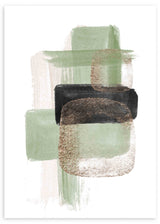 Wandbild mit abstrakter Komposition aus überlagerten Formen in Salbeigrün, hellem Beige, Schwarz und Graubraun auf weißem Hintergrund, in einem klaren zeitgenössischen Stil. Erhältlich auf kudeko.com