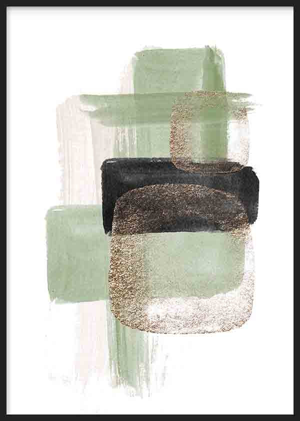 Cuadro con composición abstracta de formas superpuestas en verde salvia, beige claro, negro y marrón grisáceo sobre fondo blanco, de estilo abstracto. Disponible en kudeko.com