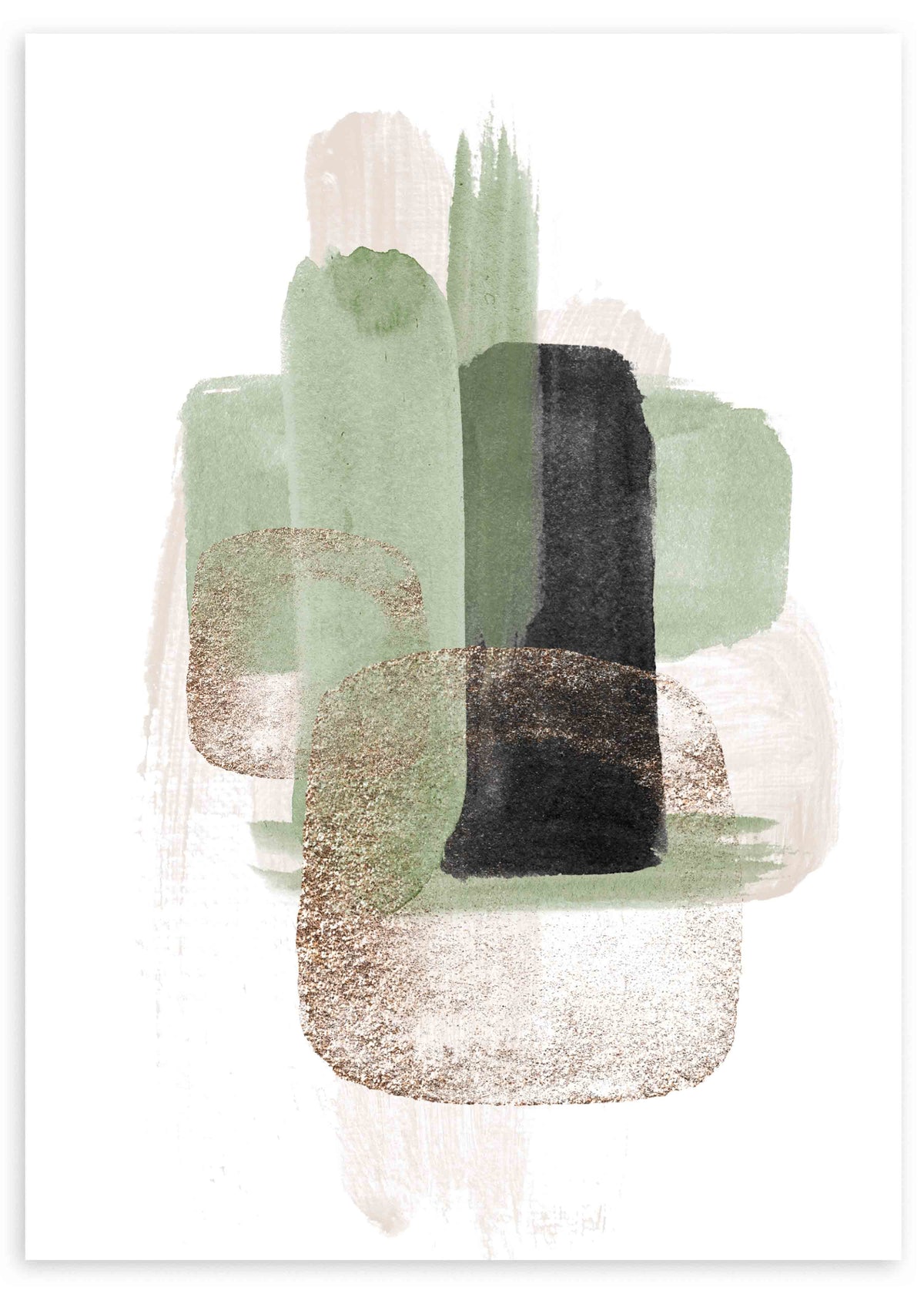 Cuadro de composición abstracta con formas superpuestas en verde salvia, negro, beige y gris suave sobre fondo claro, de estilo abstracto. Disponible en kudeko.com