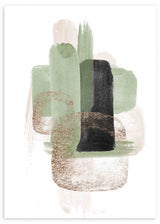 Wandbild mit abstrakter Komposition aus überlagerten Formen in Salbeigrün, Schwarz, Beige und sanftem Grau auf hellem Hintergrund, im ausgewogenen abstrakten Stil mit abgerundeten Flächen. Erhältlich auf kudeko.com